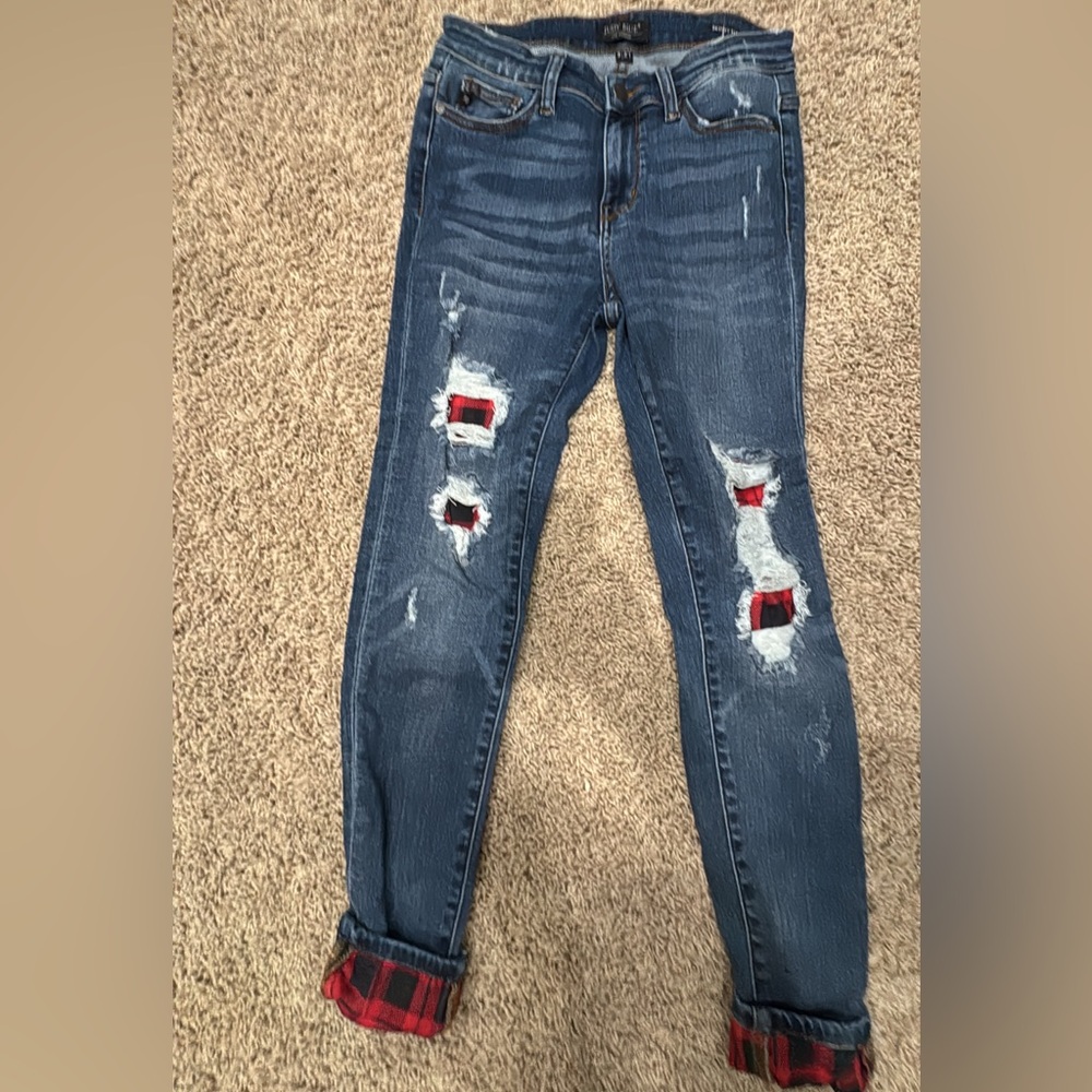 Judy Blue Distressed Skinny Jeans with plaid Red Accents